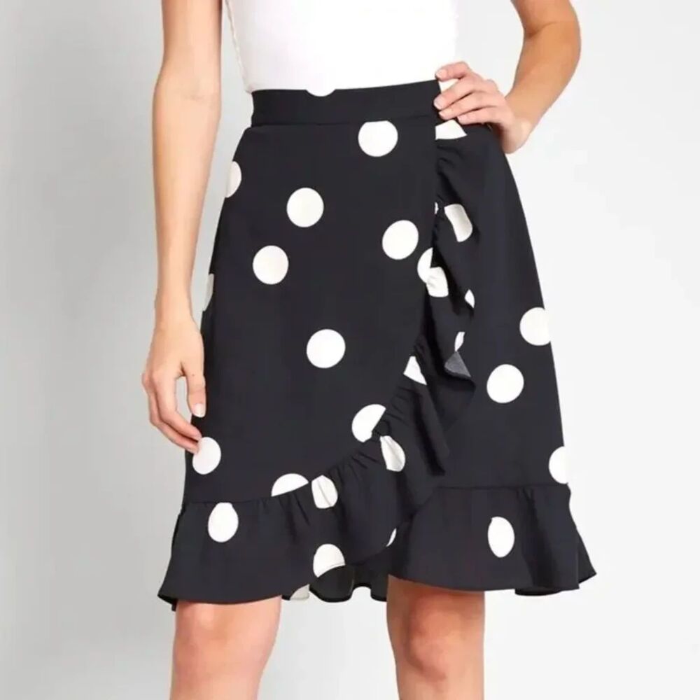 Modcloth It's A Wrap A Line Ruffle Skirt - Polka Dot Black/White 10